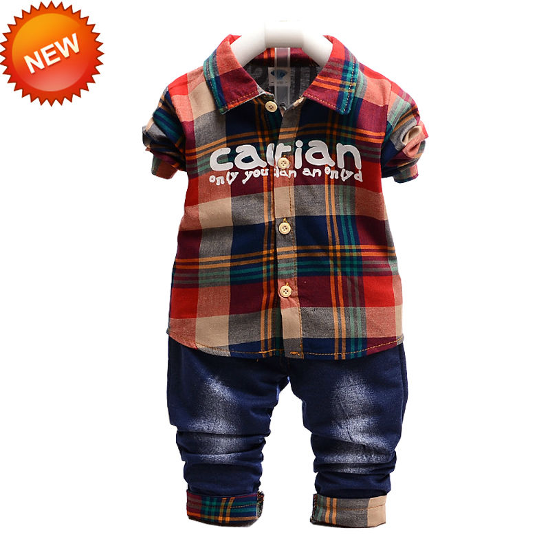 New Coming Red And Green Baby Outfit font b Plaid b font Tops Jeans 2pcs Per