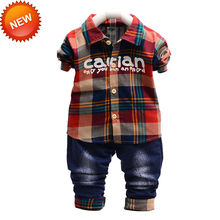 New Coming Red And Green Baby Outfit Plaid Tops + Jeans 2pcs Per Set Turn-Down Collar Fashion Style Single Breasted Full Sleeve