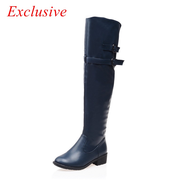 Low-heeled Knee Boots 2015 Leather Buckle High Boots Black Blue White Womens Shoe Winter Short Plush Thick Low-heeled Knee Boots