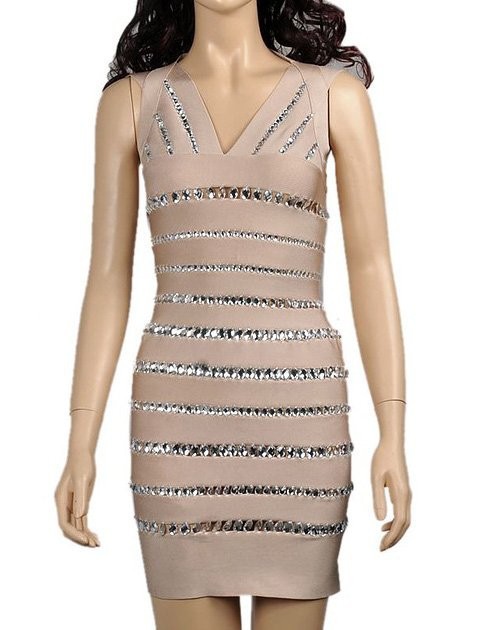 Sexy V-neck top quality sleeveless sling patchwork bandage dress knitting beading celebrity evening party women dresses