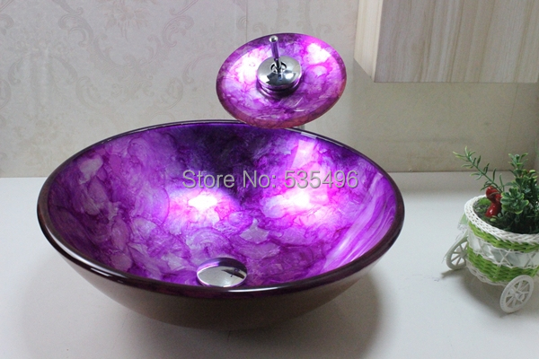 Dark Purple Orchids Tempered Glass Vessel Sink With Waterfull Faucet ...