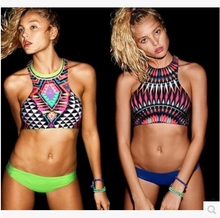 Bikini Sexy Swimsuit Printing Flower Geometry Leaf Tree Duzy High Neck Split Fashion Beach Sport bra Set Women Young