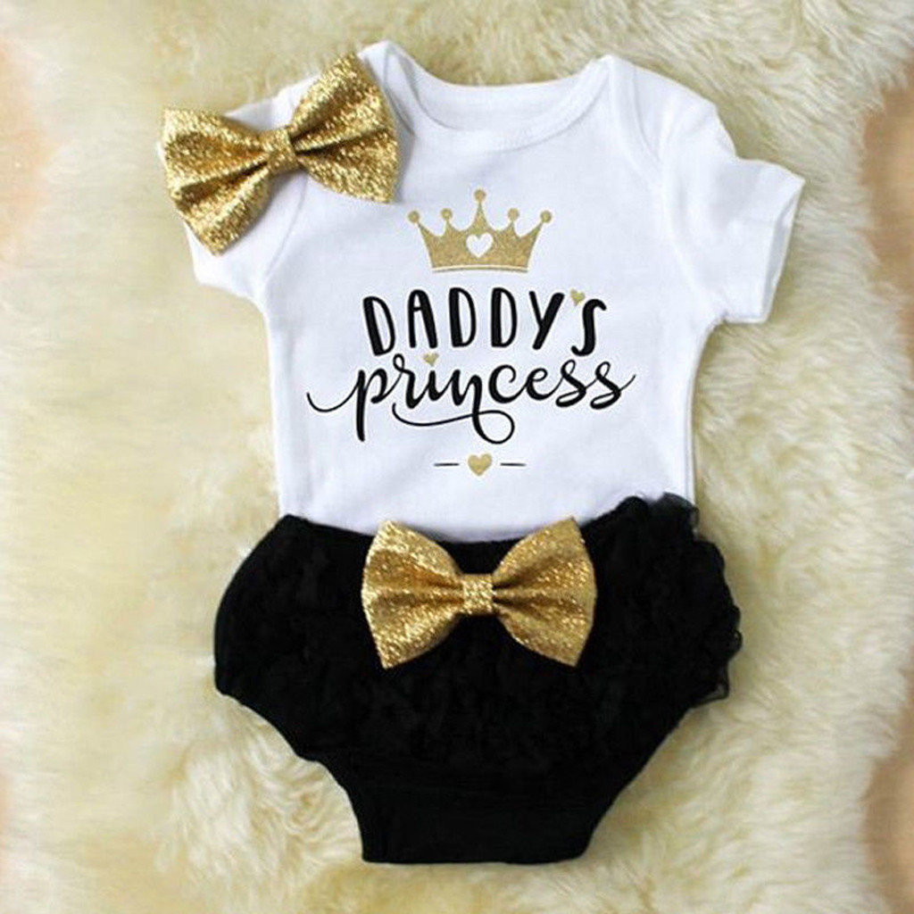 3Pcs Baby Girl Summer Outfit Set Short Sleeve Daddys Football Princess Bodysuit Tops Shorts with Headband