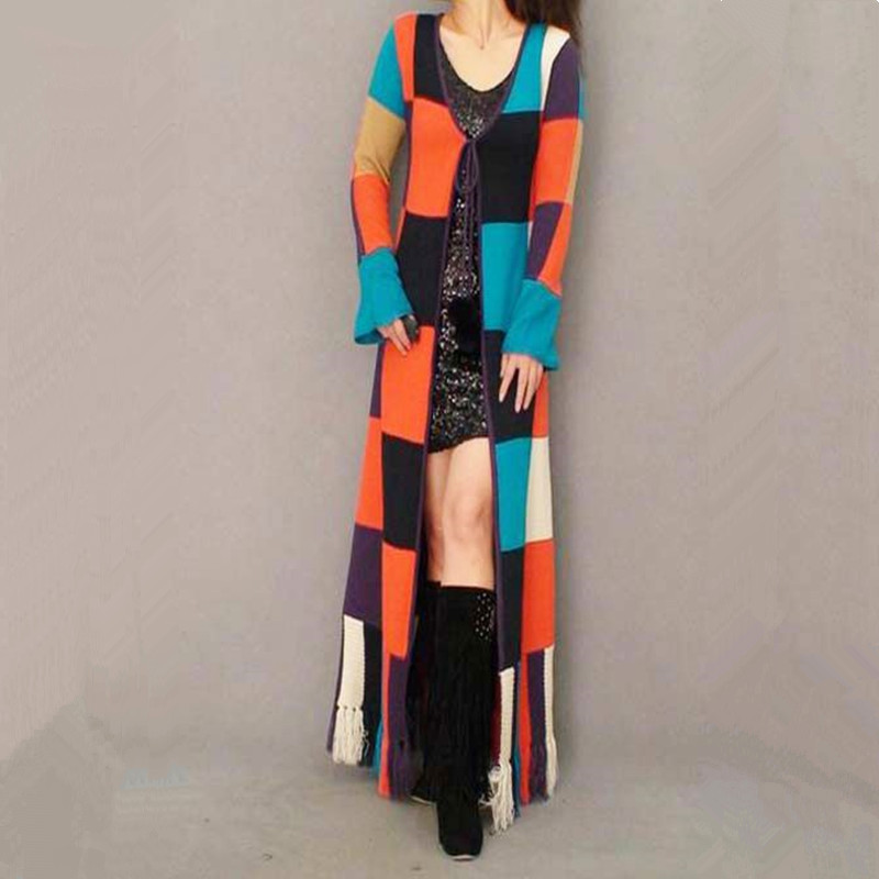 Free Shipping Fashion Long Floor Length Knitted Sweater Coat Cardigan For Women Plaid Geometrical Outerwear With Tassel Trench