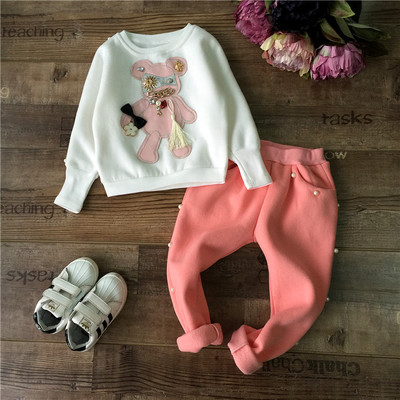 wholesale (5pcs/lot) 2015 WINTER CARTOON BEAR THICKEN LONG SLEEVES SHIRT AND PEARL PANTS for child girl