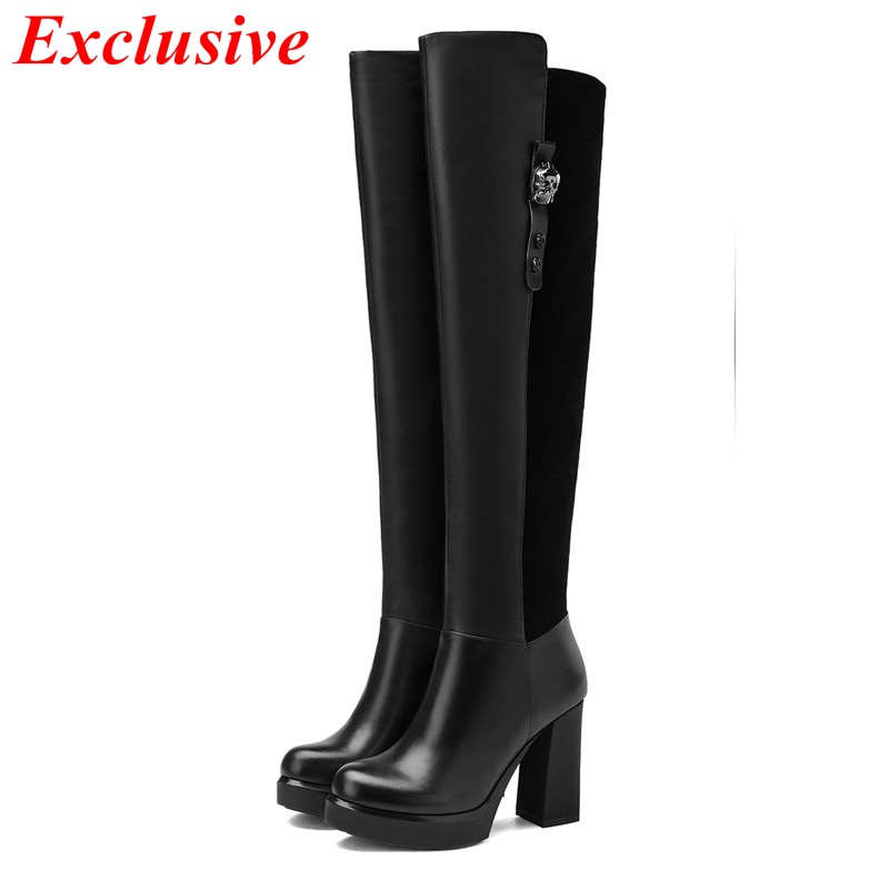 Woman Sequined Knee Boots Genuine Leather Winter Short Plush Thick With Long Boots High Quality Black Zip Sequined Knee Boots