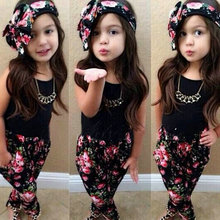 Lovely Summer Kids Girls Headband Floral T Shirt Vest Colorful Pants Outfits