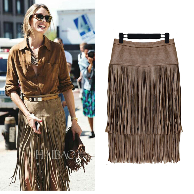 Tassel Skirt 2015 Summer Style Pencil Skirt For Women Brown Ladies Skirt Short Saia Fashion