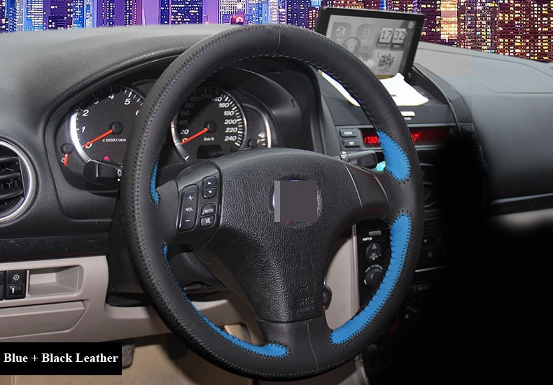 for Old Mazda 3 Mazda 5 Mazda 6 2003-2009 Black Blue Leather Steering Wheel Cover Black Thread