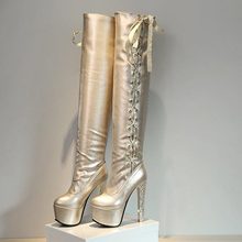 Fashion sexy women’s slim Thin woman thigh boots over the knee boots Gold silver Lace up ultra high heels long boots V017