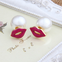 2016 The New Trend High Quality Sexy Red Mouth Pink Love Lip Charming Personality Pearl Stud Earrings For Women Jewelry