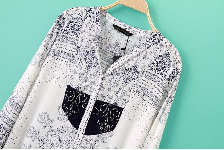 2015 autumn V-neck blouses embroidered longer section positioning print shirt women free shipping (5)