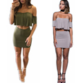 2016 Fashion women crop top and skirt set Solid color Backless Sexy Short sleeve costume Easygocat