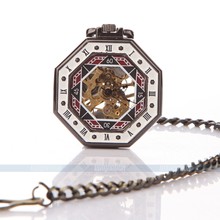 Classic Steampunk octagon Mechanical Stainless Steel Mens Roman pocket watch for free shipping 052981