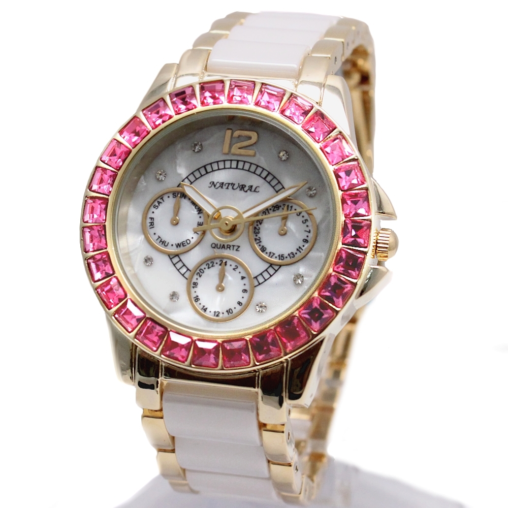 FW830V New White Dial Women Ceramic Water Resistant Rose Crystal Bracelet Watch