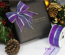 Free Shipping 25yards roll purple organza with tartan in middle gift box packaging wired edge ribbon