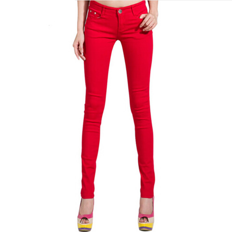 New 2016 Fashion Women Candy Colors Mid Waist Pencil Pants Spring Autumn Sexy Fit Jeans Plus