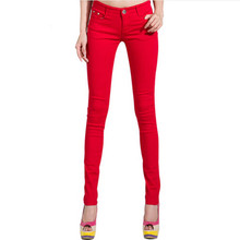 New 2016 Fashion Women Candy Colors Mid Waist Pencil Pants Spring Autumn Sexy Fit Jeans Plus