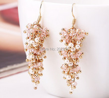 2014 new type trendy women /girls pearl earring & gold plated pink crystal white pearl long dangle drop earrings fine quality