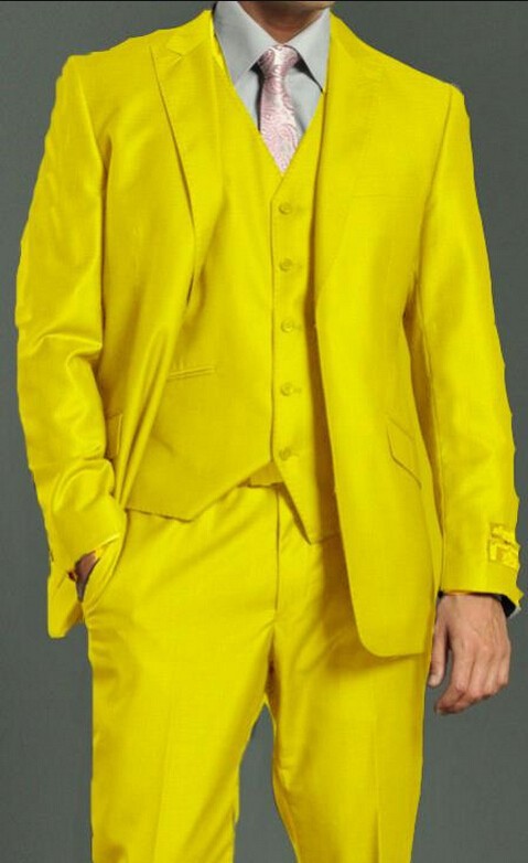 26.1Candy color man suit yellow peak lapel single row two button groom suit three-piece groom tuxedos (coat + pants + vest)