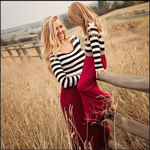 New fashion striped red dresses for mother&daughter clothing full sleeve spring/summer clothes for baby girls and woman clothing
