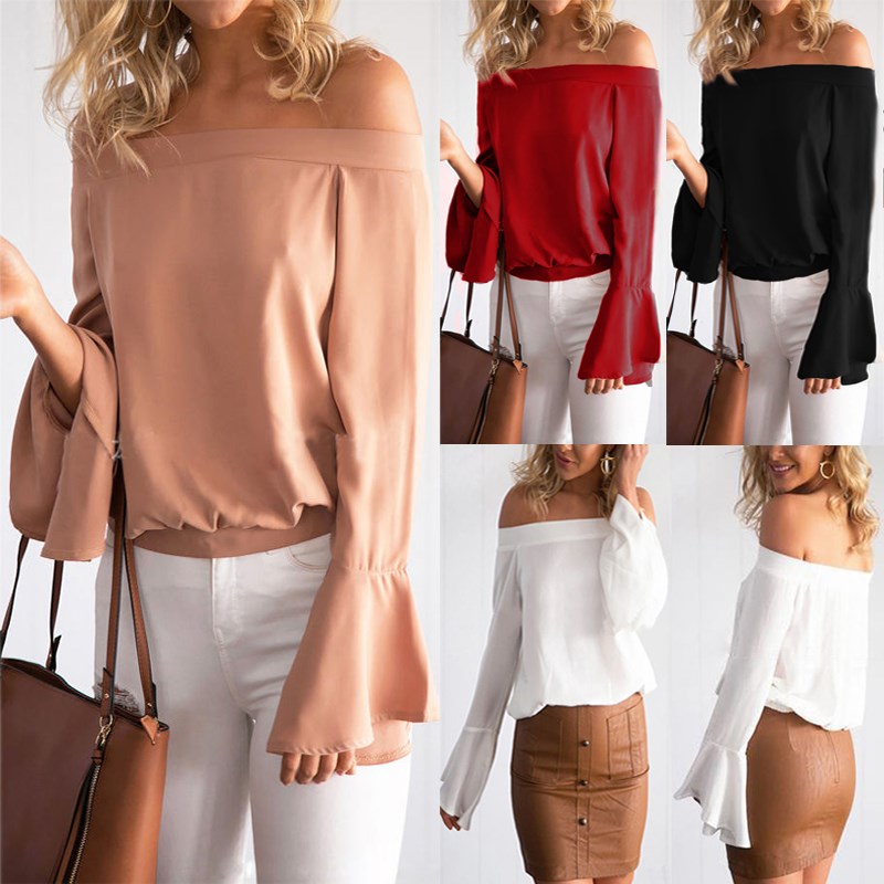 Celmia Plus Size 3XL Women Sexy Off Shoulder Chiffon Blouse Vintage Casual Solid Flare Long Sleeve Tops Shirt 2018 Summer Blusa aeProduct.getSubject()