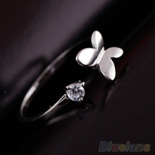 Women s Fashion Silver Plated Rhinestone Gift Adjustable Butterfly Opening Ring 1SIL