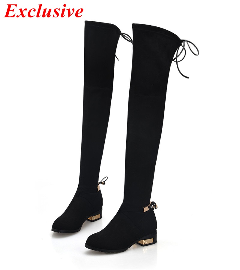Woman Low-heeled Knee Boots Full Grain Leather Winter Short Plush Pointed Toe Long Boots Nubuck Leather Low-heeled Knee Boots