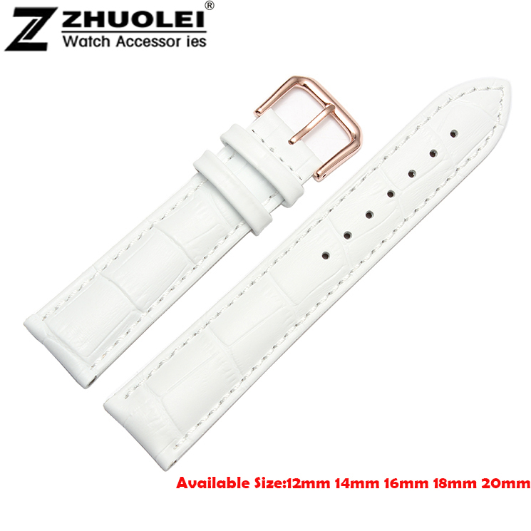 White Watch band 12mm 14mm 16mm 18mm 20mm NEW Men Ladies Genuine Leather Watch Band Strap Bracelets Rose Gold Depolyment Clasp