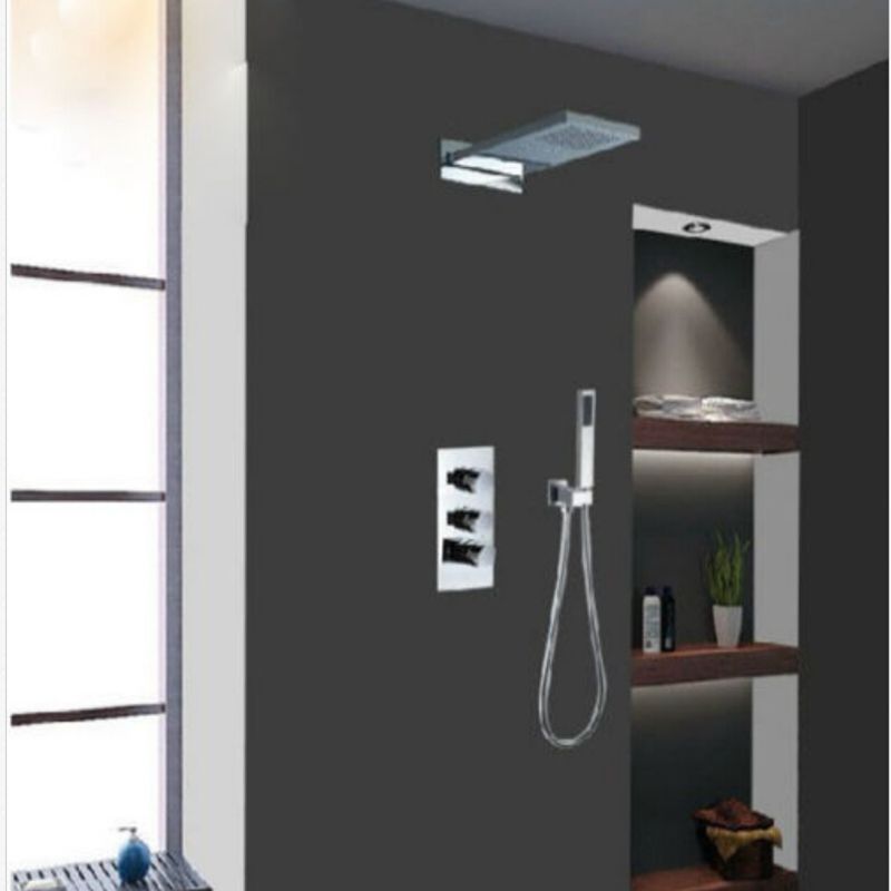 Wholesale And Retail Promotion Polished Chrome Brass Thermostatic Rain Waterfall Shower Faucet Set Hand Shower