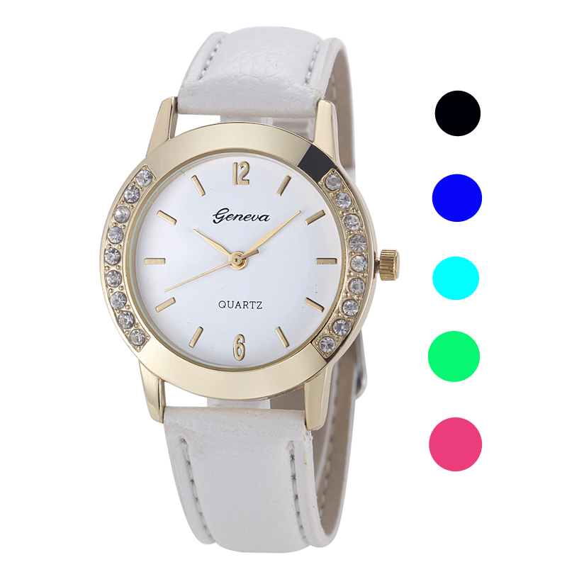 Mance 6 Color Mint Green Pink Fashion Elegan Women Geneva Diamond Analog Leather Quartz Wrist Watch