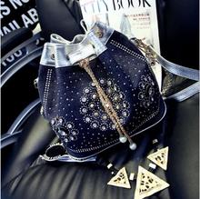 National vintage casual women Bucket handbags Korean Diamond Pearl chain canvas single shoulder diamant denim bags