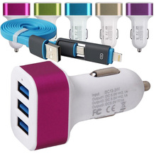 Universal 2.1A 3 Port USB Car Charger Power Adapter For iPhone For Samsung Huawei Xiaome For LG Cellphone tablet PC+2 in 1 cable