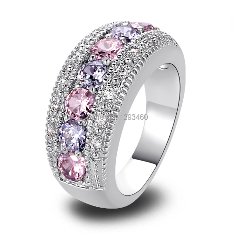 Women Rings Fashion Pink Topaz Amethyst 925 Silver Band Ring Size 6 7 8 9 10