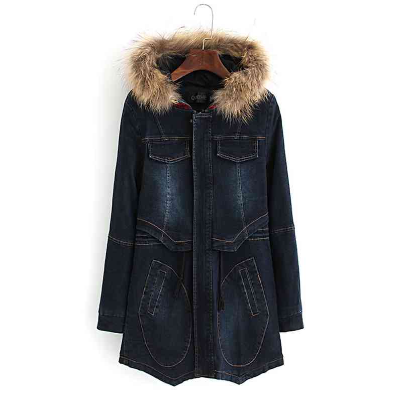 Fashion Korean Women Jacket Autumn&Winter New Woolen Hat Long Section Denim Cotton Jacket Crop Hem Casual Warm Jacket Women