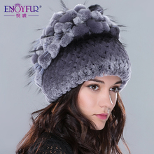 Rex rabbit fur hats for women winter real fur caps with fox fur flowers stripe knitted beanies 2015 new Russia high quality hat