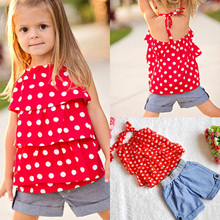 2016 Summer Kids Girl Set Sling Chiffon Shirt Polka Dot+Denim Shorts Two Piece Fashion Girls Clothing Sets Baby Clothes meninas