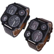 Nueva moda OULM plaza militar del ejército compás zona horaria Dual movimiento hombres de cuero de cuarzo reloj de pulsera
