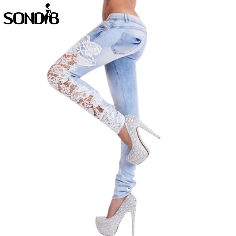 Lace Women Skinny Jeans 2015 Spring Autumn Ladies Slim Sexy Hollow Out Denim Pencil Pants Casual Trousers
