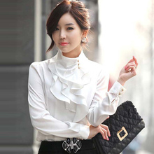 New Women Victorian Ruffle Collar Shirt Puff Sleeve Silky Luxurious High Neck Blouse Tops