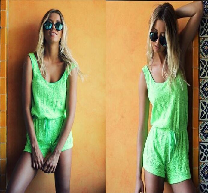 Hot! 2015 Women Strap Sleeveless Bandage Jumpsuit Rompers Playsuit Hollow Out Casual Jumpsuit Camp Light Green Rompers QJ5004