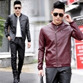 Casual Men Leather Jacket Slim Fit Ribbed Sleeve Young Men Faux Leather Coat Round Neckline Men