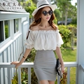 dabuwawa 2016 high quality big sizes summer fashion white stripe patchwork casual off the shoulder mini