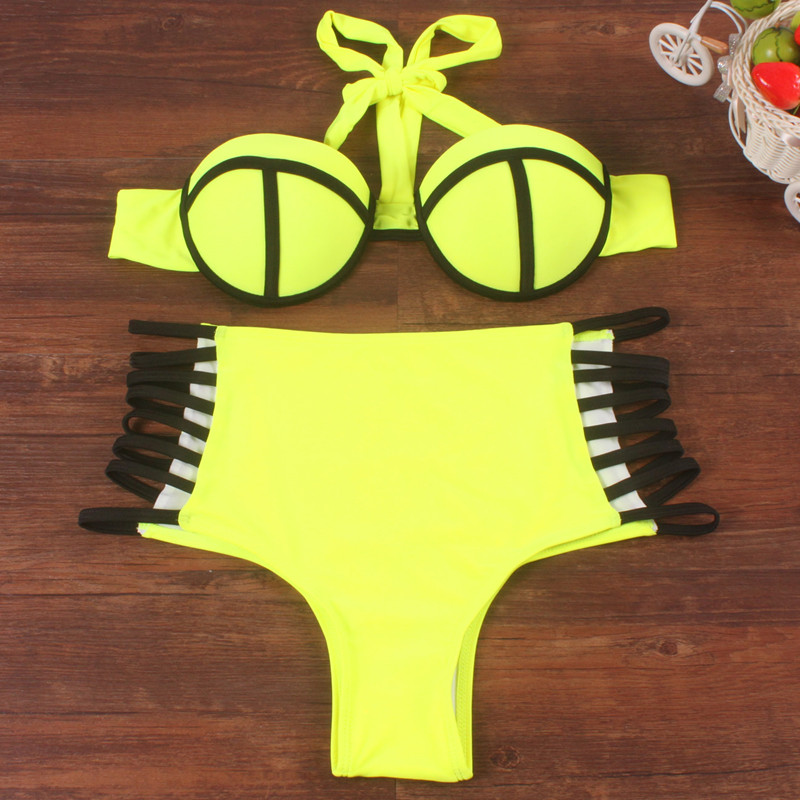 Push Up padding Bikinis Sexy High Cut Beach Biquinis Halter High Waist Swimsuit 2016 High Neck Bathing suit Beach Cover up