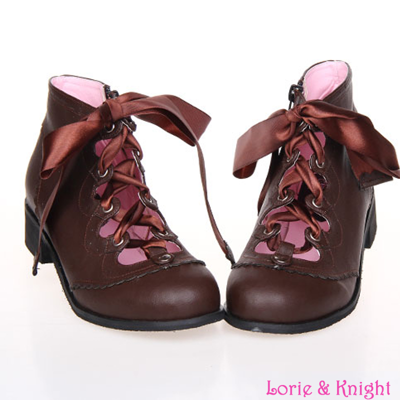 Фотография Japanese Lolita Cosplay Shoes Retro Brown Leather Ribbon Lace Up Princess Ankle Boots Low Heel Girls Boots