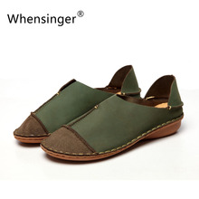 Whensinger 2016 Women Shoes Female Genuine Leather Loafers Stitched Casual Slip-On Solid Round Toe Characteristic Fashion 988