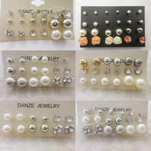 12 Pair /Lot New Fashion Classic Style Bead Crystal Stud Earrings Set For Women Fine Pearl Jewelry Wholesale Price 7 Style