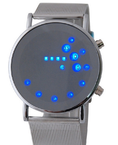 Fashion Cool MEN Clock Watch Iron Man Blue LED Watches Luxury Stainless Steel Binary Bracelets Bangles