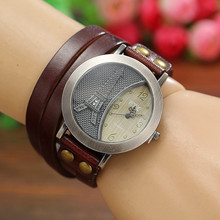 Nuevo Retro Pulseira Relogio forrado en cuero pulseras de vapor ronda punky reloj de cuarzo Torre Eiffel