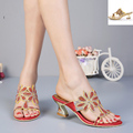 2016 Summer New Fashion Diamond Buckle Elegant Shoes 6cm Female Temperament Thick With Sandals Gold Red